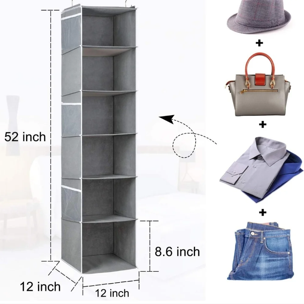 Univivi 6 Shelf Hanging Closet Organizer Hanging Shelves with 6 Side Pockets for
